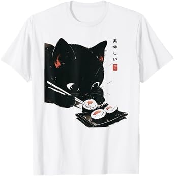 Black Cat Eating Sushi - Cat Japanese Art T-Shirt for Men Women