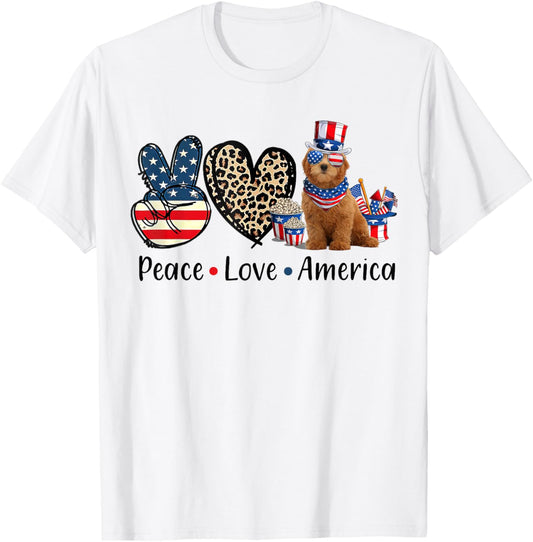 Peace Love RED Goldendoodle Dog Patriotic America Flag 4th T-Shirt