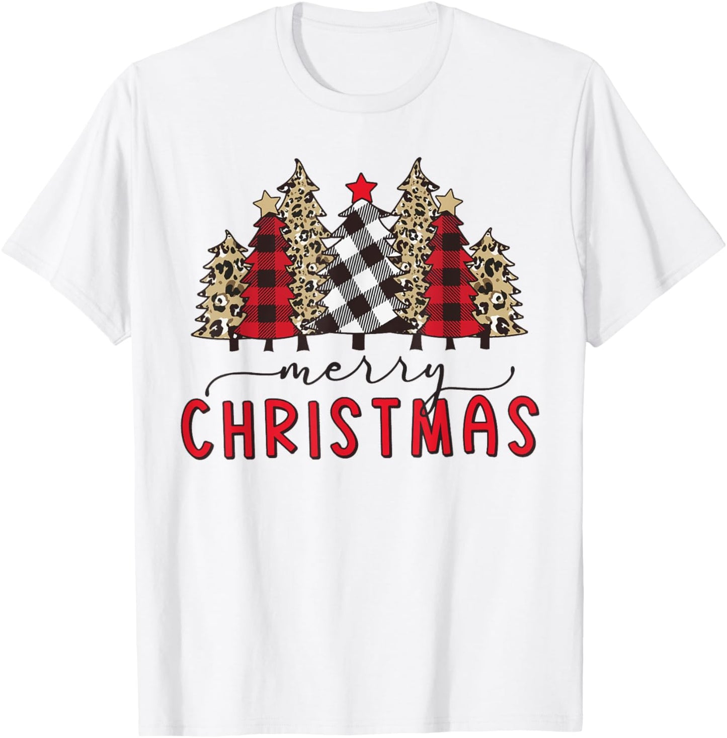 Merry Christmas Tree Shirts Funny Leopard Plaid Print Xmas T-Shirt