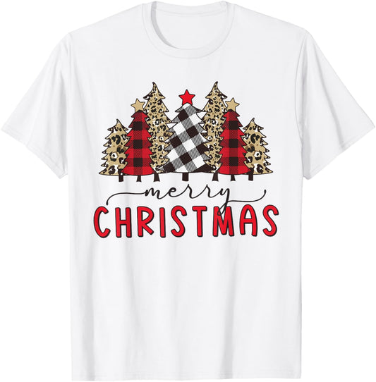 Merry Christmas Tree Shirts Funny Leopard Plaid Print Xmas T-Shirt