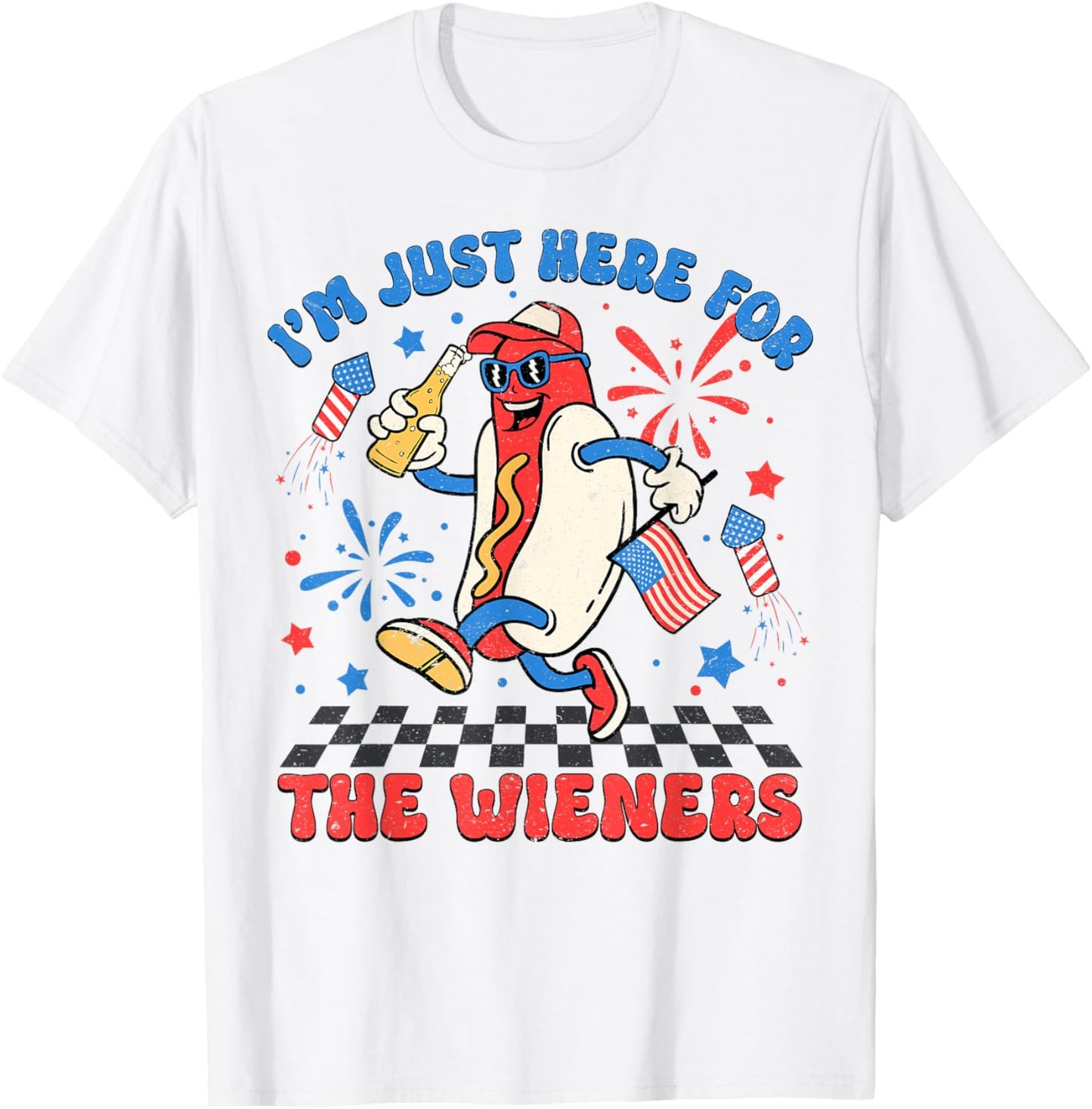 Retro Just Here For The Wieners 4th of July Funny Hot Dog T-Shirt