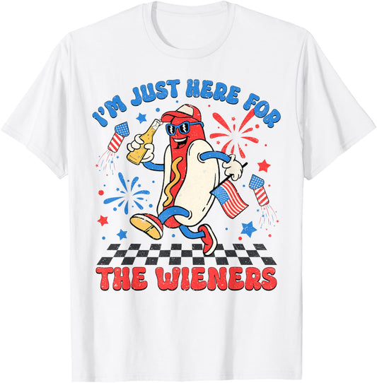 Retro Just Here For The Wieners 4th of July Funny Hot Dog T-Shirt