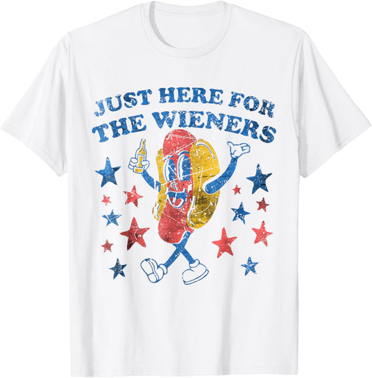 Retro Just Here For The Wieners 4th of July Funny Hot Dog T-Shirt