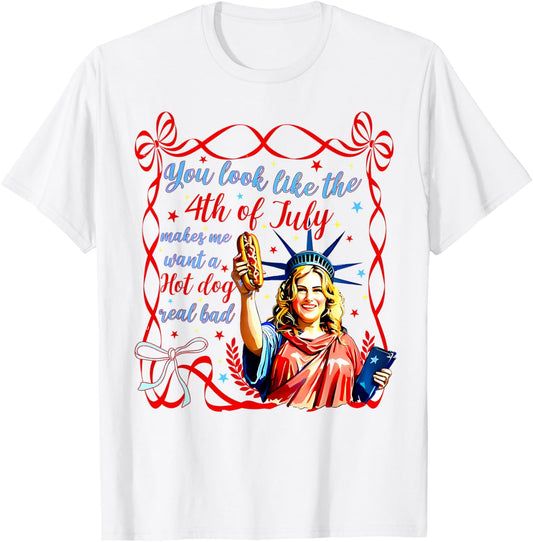 Funny You Look Like The 4th Of July Hot Dog Coquette Bow T-Shirt
