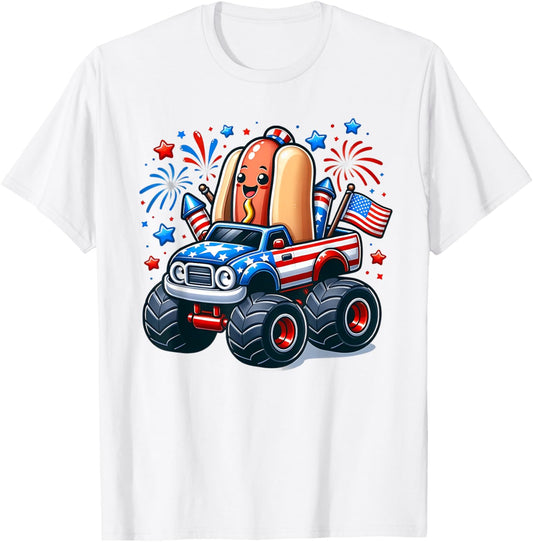 4th of July Shirts Boys Kids Hot Dog Red White Blue USA Flag T-Shirt