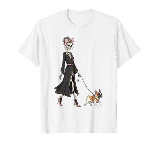Skeleton French Bulldog Dog Walking Halloween Women T-Shirt