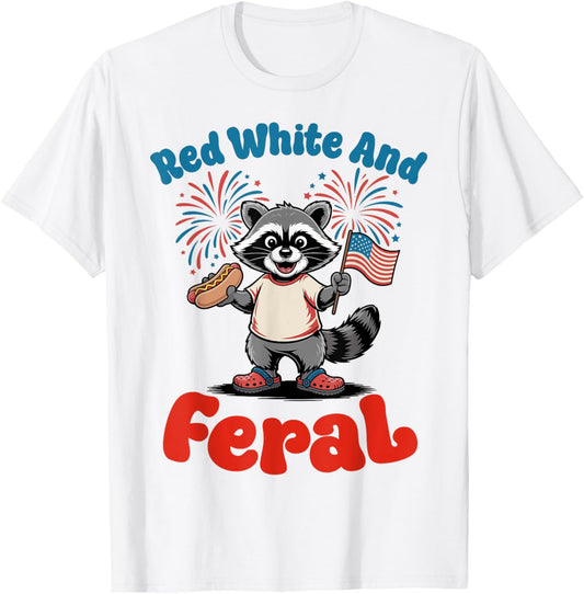 Red White & Feral Raccoon 4th of July Patriotic Hot Dog USA T-Shirt