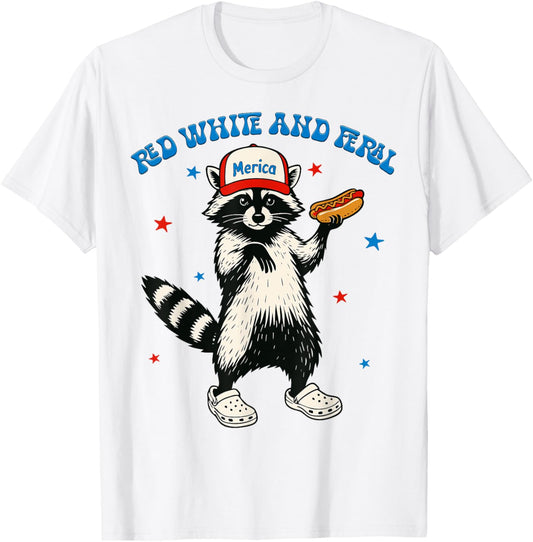 Red White And Feral Raccoon Hot Dog USA Flag 4th Of July T-Shirt