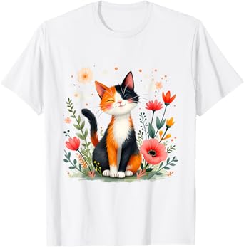 Smiling Calico Cat Cute Floral Kitten Cartoon Kitty Outdoors T-Shirt