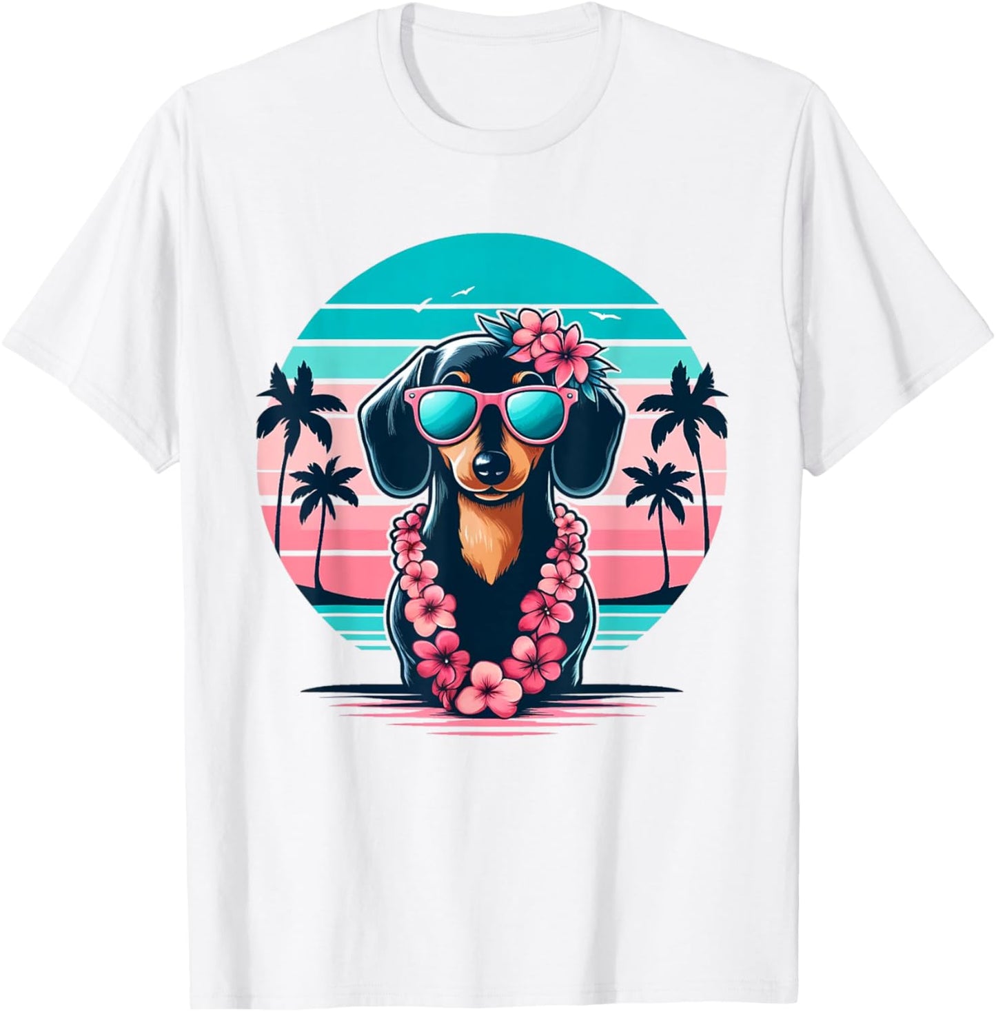Retro Hawaiian Dachshund Dog Tropical Floral Summer Vibes T-Shirt