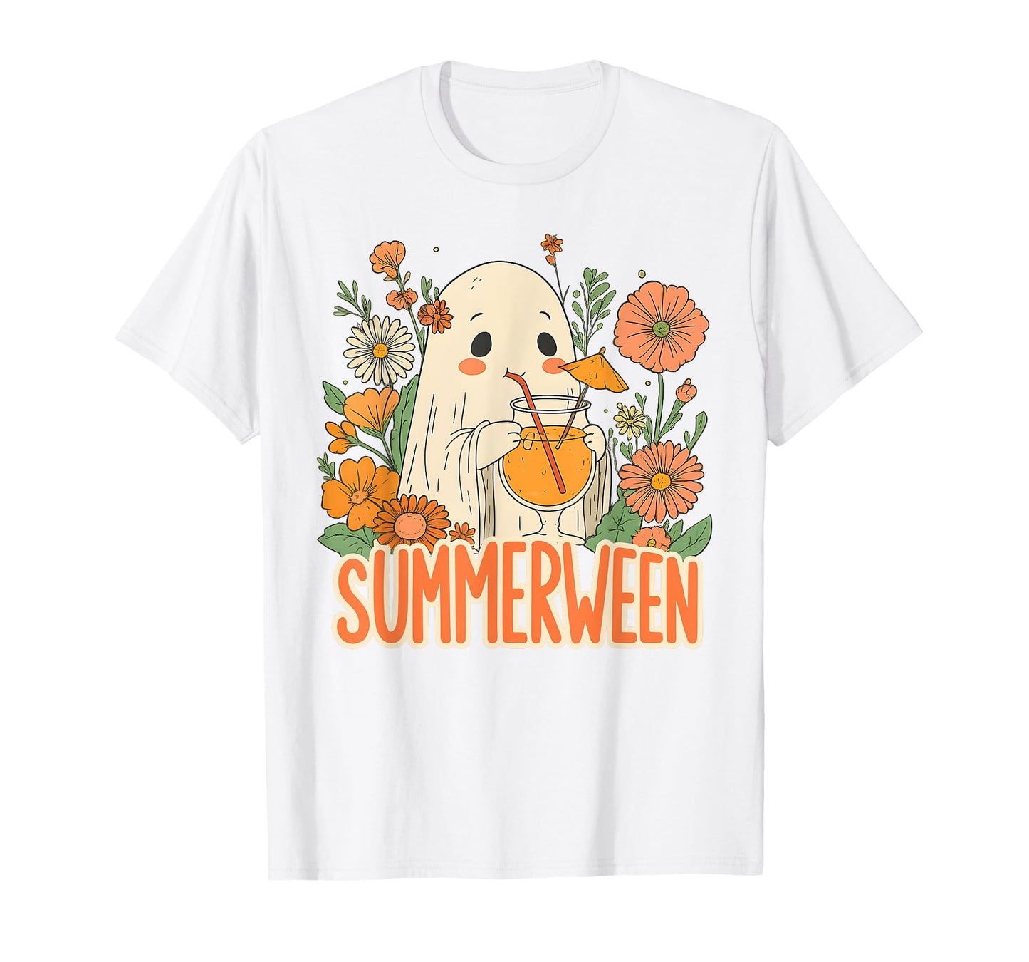 Retro Summerween Ghost Boho Floral Summer Halloween Cocktail T-Shirt
