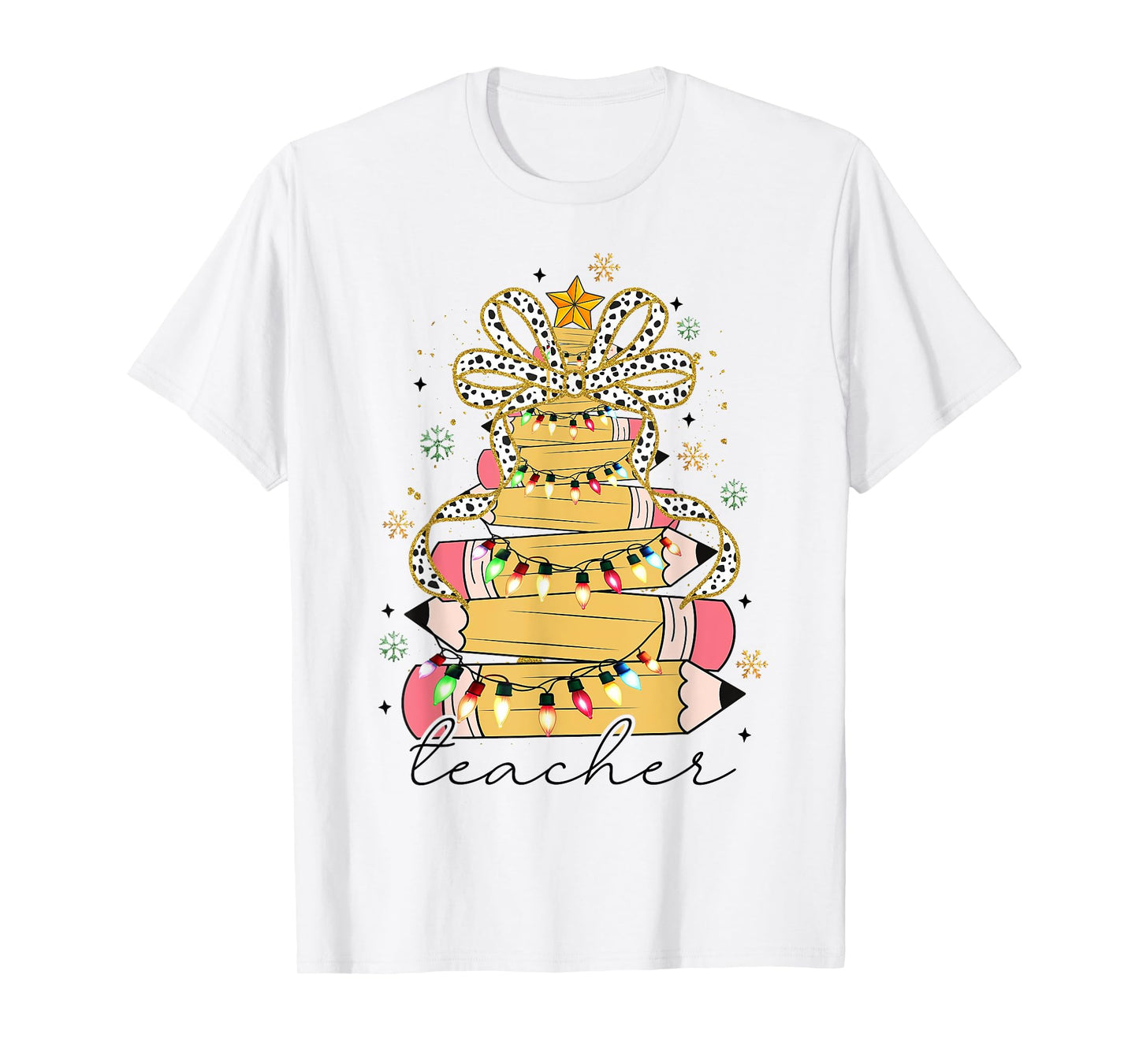 Teacher Crayon Christmas Tree Lights Student School Xmas T-Shirt