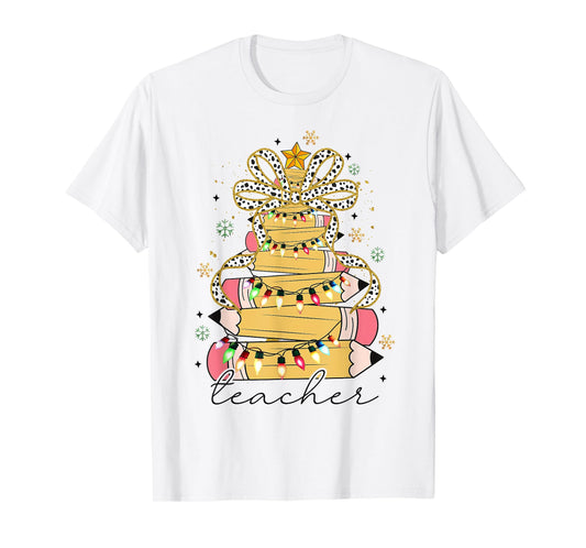 Teacher Crayon Christmas Tree Lights Student School Xmas T-Shirt