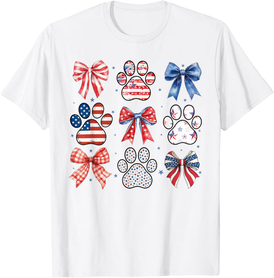 Coquette Bow Dog Paw Red White Blue 4th of July Patriotic T-Shirt