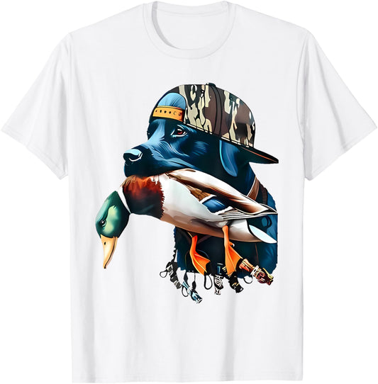 Bold Black Hunting Dog With Duck Hello Hunting Season T-Shirt