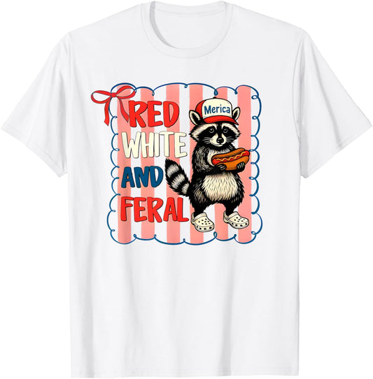 Red White And Feral Funny Raccoon Hotdog Coquette 4th July T-Shirt