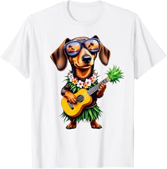 Hawaiian Dachshund Dog & Pineapple Ukulele Summer Vacation T-Shirt for Men Women Kids