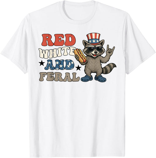 Red White and Feral Raccoon 4th of July Men Women Patriotic T-Shirt