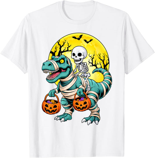 Skeleton Riding Mummy Dinosaur Candy Moon Pumpkin Halloween T-Shirt