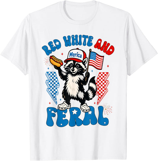 Red White And Feral Hot Dog Raccoon 4th Of July Trash Panda T-Shirt