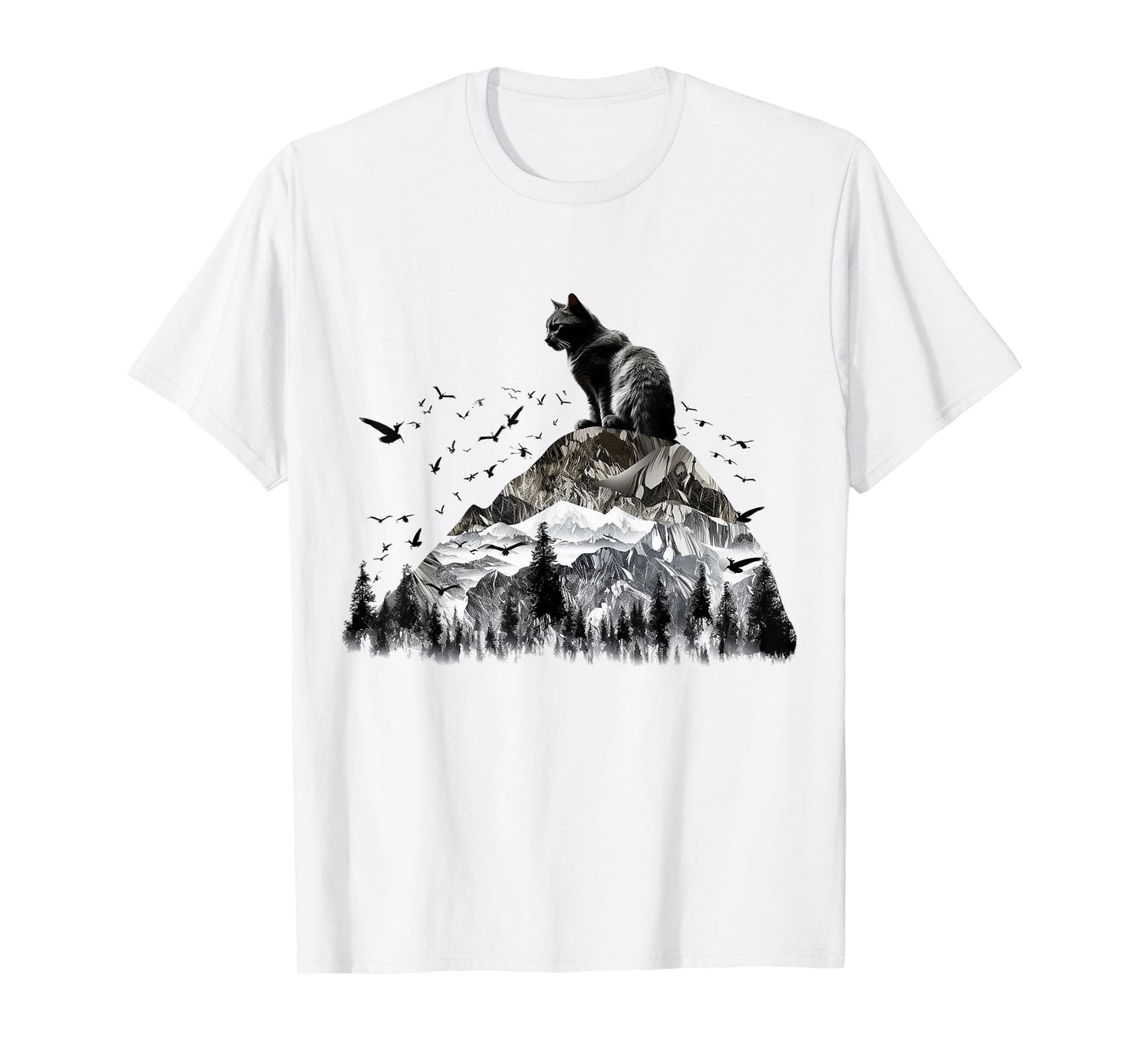 Cat Mountains Bird Artwork | Animal Motif Cat T-Shirt