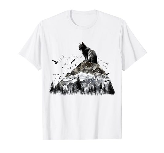 Cat Mountains Bird Artwork | Animal Motif Cat T-Shirt