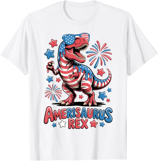 Dinosaur 4th of July Kids Boys Amerisaurus Rex Drip Funny T-Shirt
