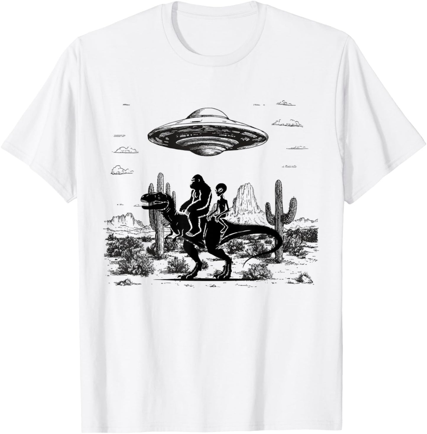 Bigfoot Alien Riding Dinosaur UFO Funny Cryptid Men Women T-Shirt