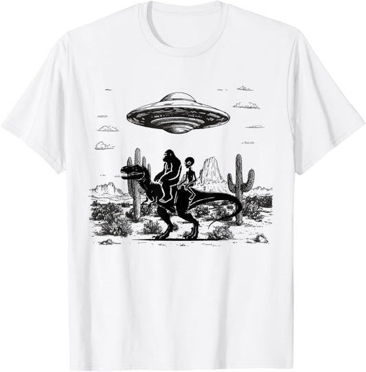 Bigfoot Alien Riding Dinosaur UFO Funny Cryptid Men Women T-Shirt