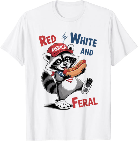 Funny Red White & Feral July 4th Racoon Hotdog T-Shirt