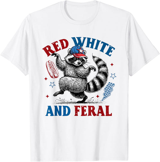 Red White And Feral Funny Raccoon 4th July Hotdog Men Women T-Shirt