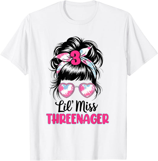 Messy Bun Funny Little Miss Threenager 3rd Birthday Girls T-Shirt