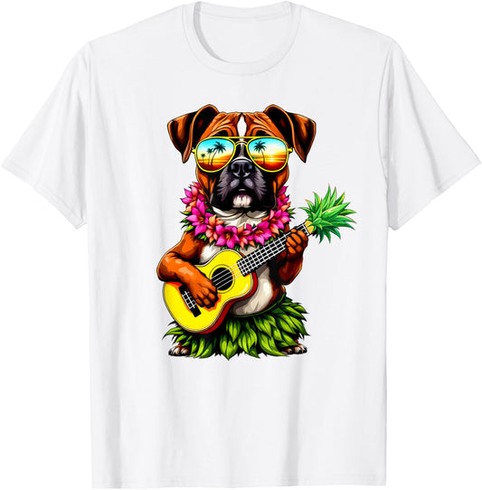 Hawaiian Boxer Dog & Pineapple Ukulele Summer Vacation T-Shirt