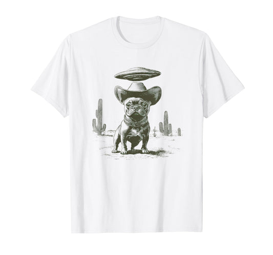 French Bulldog With Cowboy Hat In Desert UFO ALien T-Shirt