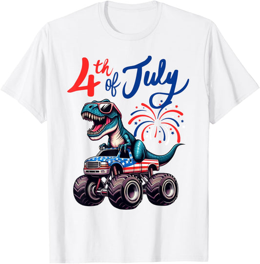 4th Of July T Rex Dinosaur Monster Truck Boys American Flag T-Shirt