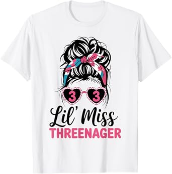 Kids Little Miss Threenager 3rd Birthday 3 Messy Bun Girls T-Shirt
