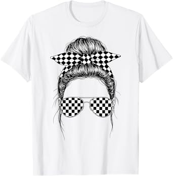 Race Day Messy Bun Checkered T-Shirt