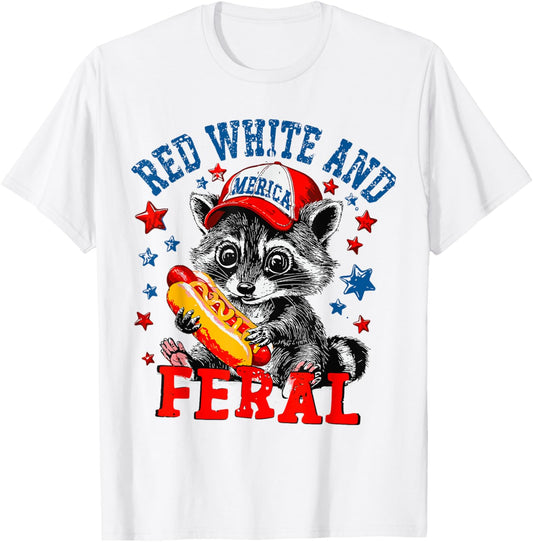 Red White And Feral Funny USA Hot Dog Raccoon 4th of July T-Shirt