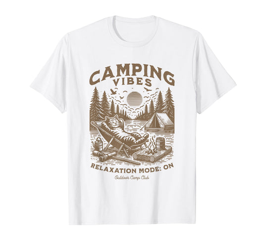 Camping Vibes Funny Cat Campfire Outdoor Nature Lovers Camp Men Women Kids T-Shirt