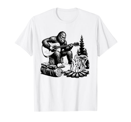 Bigfoot Camping Smore Rock Bigfoot Playing Guitar Campfire T-Shirt