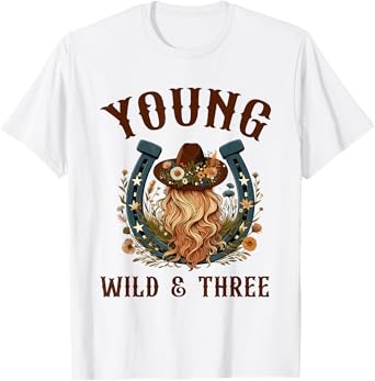 Young Wild & Three 3rd Birthday Wildflowers Western Boho T-Shirt