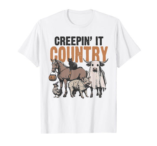 Creepin' It Country Halloween Farm Animal Cow Black Cat Pig T-Shirt