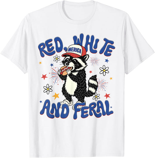 Red White And Feral American Raccoon Hot Dog 4th Of July T-Shirt