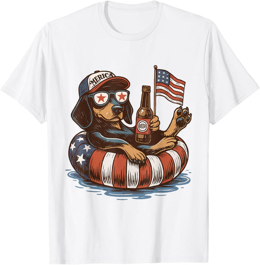 Cute America Pool Party Funny 4th Of July Dog Summer Beer T-Shirt