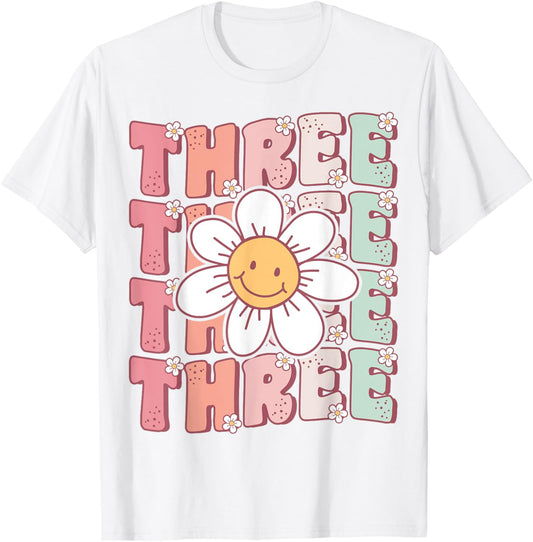Cute Groovy 3rd Birthday Party Daisy Flower Three Year Old T-Shirt, Small, White