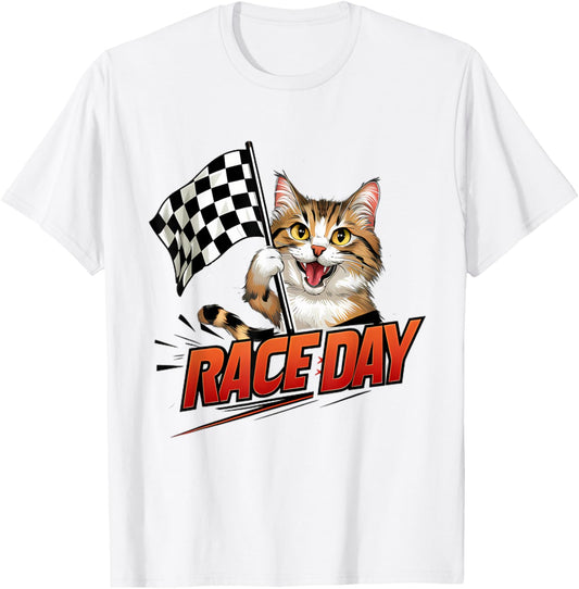 Race Day Car Racing Cat Checkered Flag T-Shirt