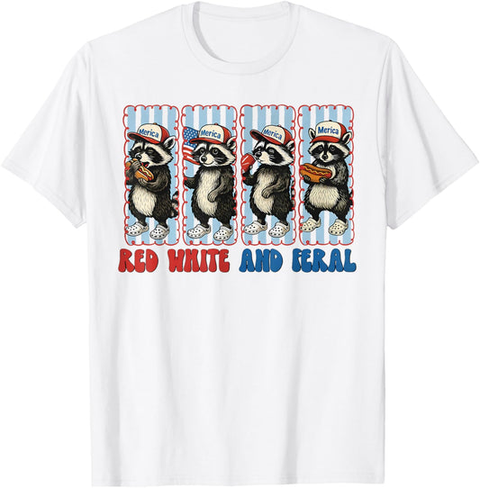 Red White & Feral American Flag Raccoon Hot Dog 4th Of July T-Shirt
