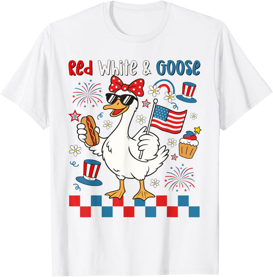 Red White And Goose 4th Of July Patriotic Goose Hot Dog T-Shirt