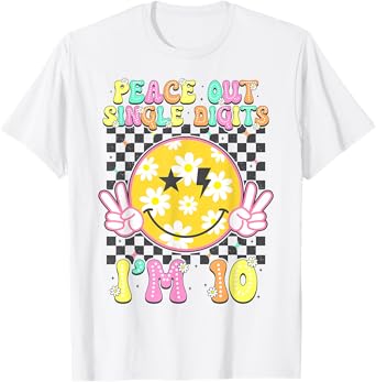 Peace Single Digits I'm 10 Smile Face For Birthday Girls T-Shirt