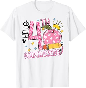 Hello 4th Fourth Grade Back To School Teacher Pink Leopard T-Shirt for Men Women Girls Kids